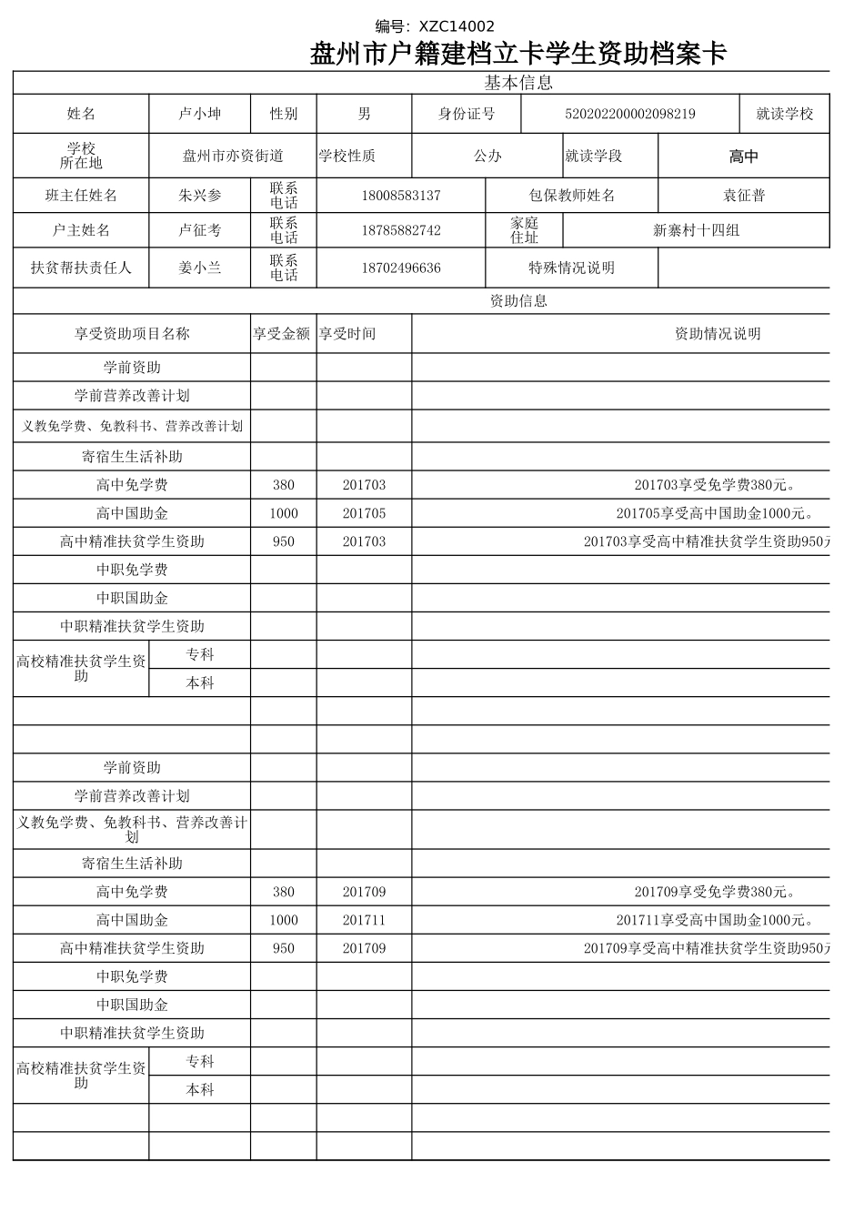 盘州市建档立卡资助档案卡(卢小坤）.xlsx_第1页
