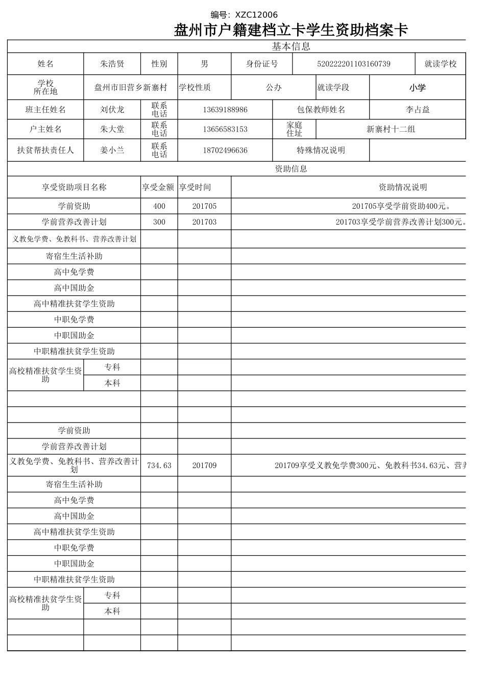 盘州市建档立卡资助档案卡(朱浩贤）.xlsx_第1页
