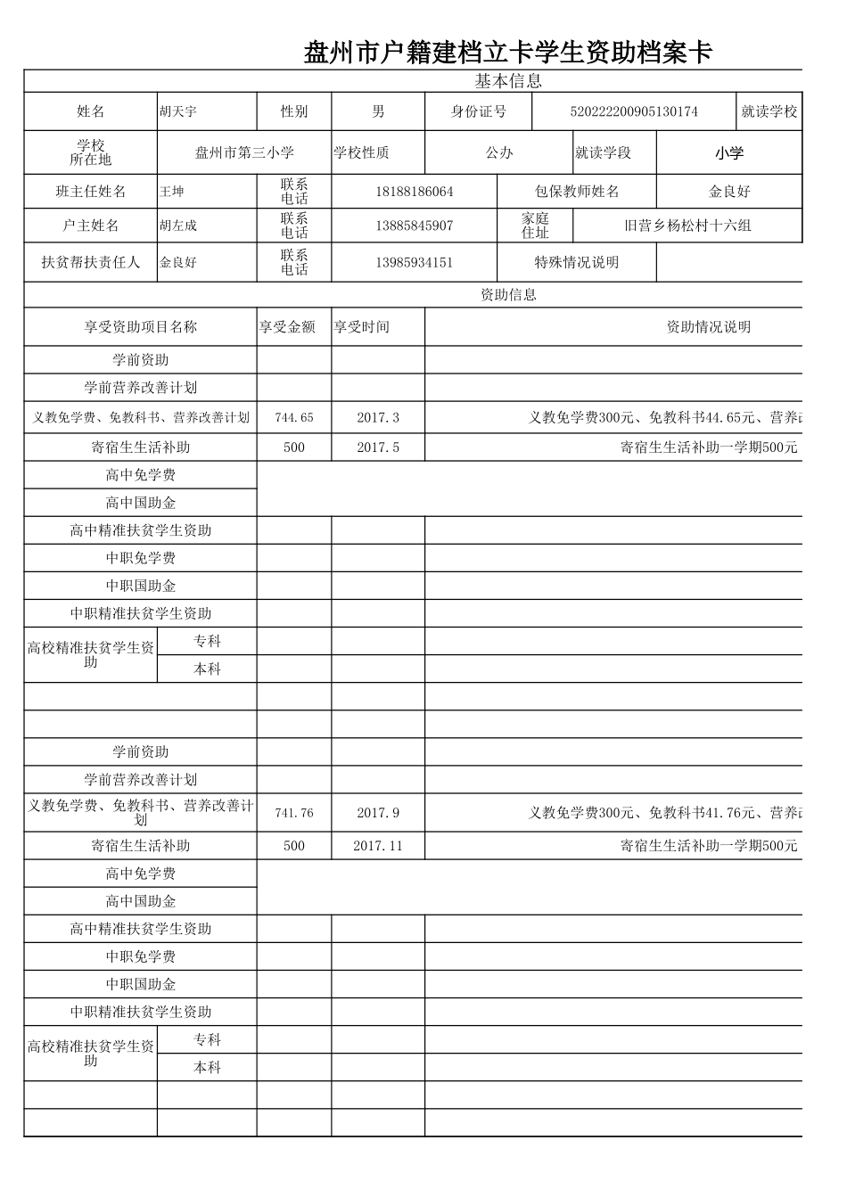 盘州市建档立卡资助档案卡胡天宇.xlsx_第1页