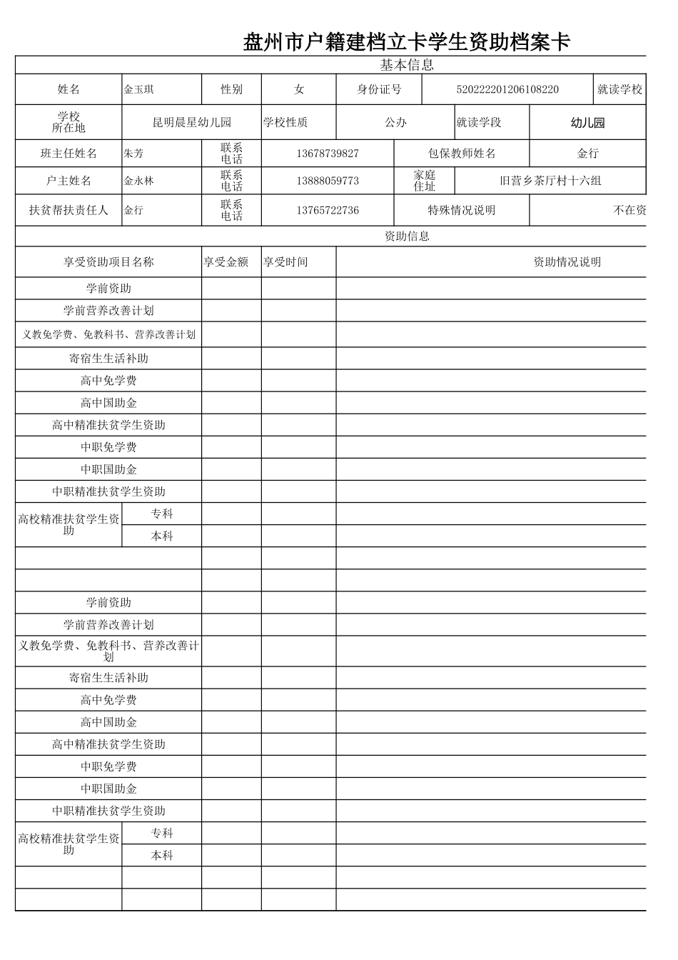 盘州市建档立卡资助档案卡金玉琪.xlsx_第1页