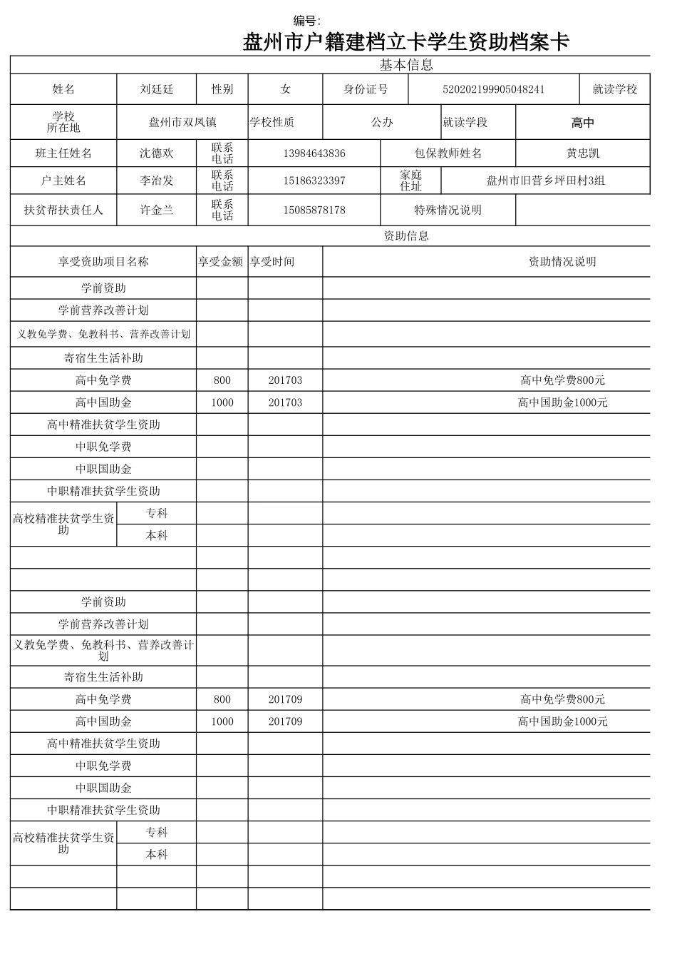 盘州市建档立卡资助档案卡刘廷廷.xlsx_第1页