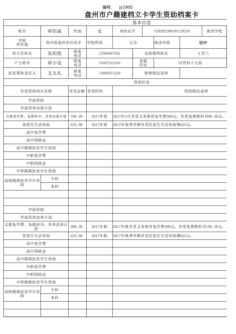 盘州市建档立卡资助档案卡 卯佰淑.xlsx_第1页