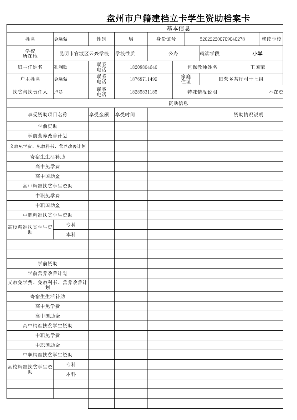 盘州市建档立卡资助档案卡金远弢.xlsx_第1页