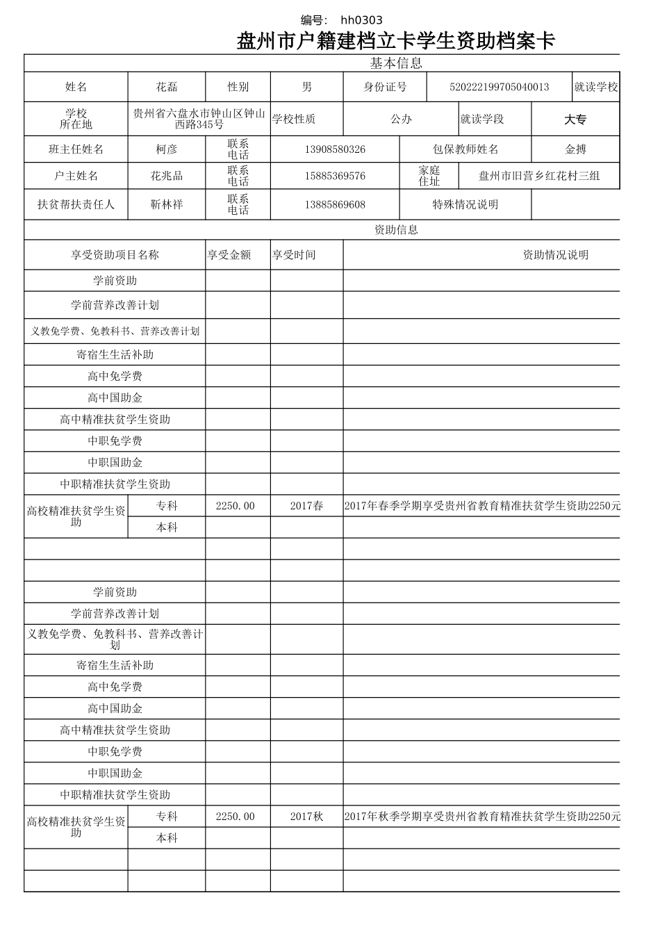 盘州市建档立卡资助档案卡(花磊）.xlsx_第1页