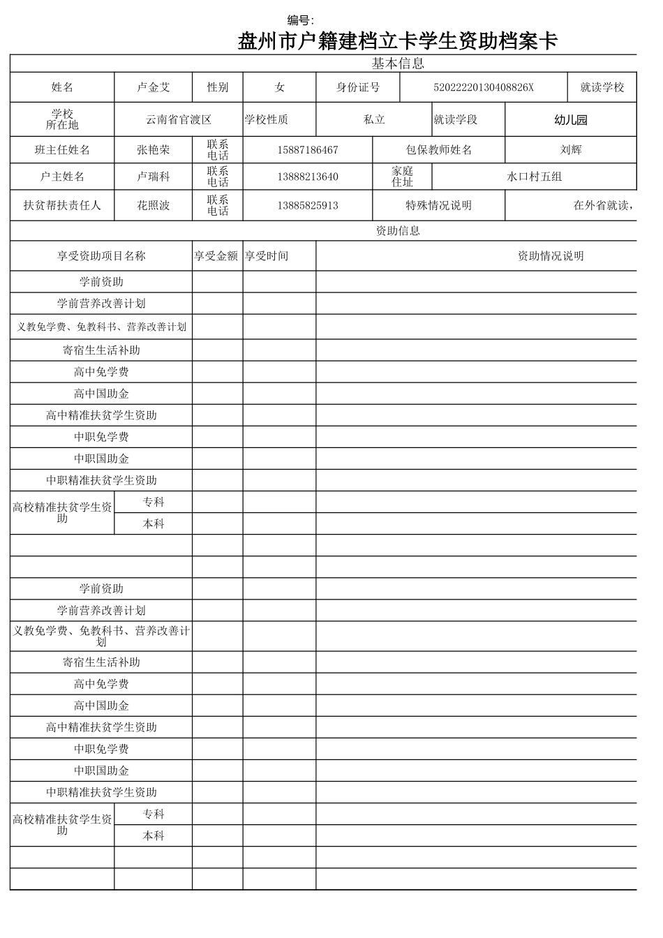 盘州市建档立卡资助档案卡(卢金艾）.xlsx_第1页