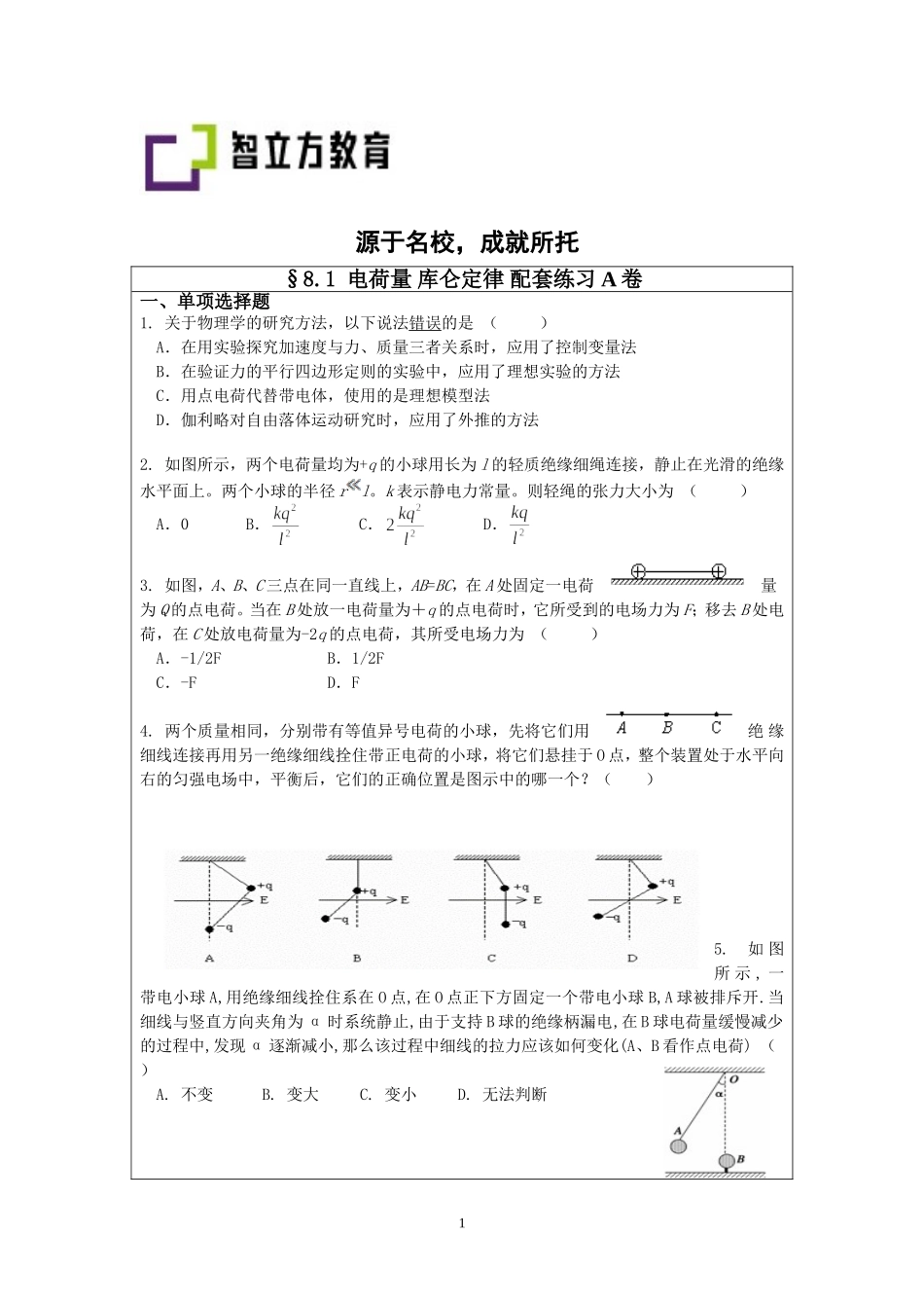 8.1 电荷量 库仑定律 配套练习AB卷.doc_第1页