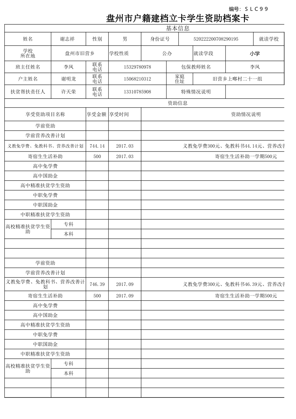 谢志祥盘州市建档立卡资助档案卡 - 副本 - 副本.xlsx_第1页