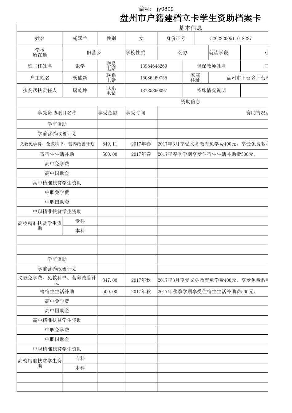 杨翠兰盘州市建档立卡资助档案卡.xlsx_第1页