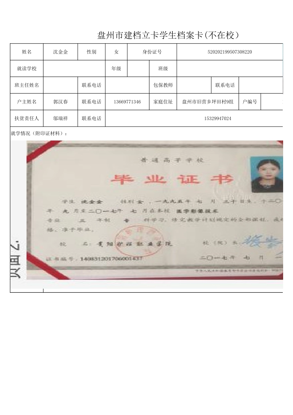 1108新表 盘州市建档立卡学生档案卡沈金金.xlsx_第1页