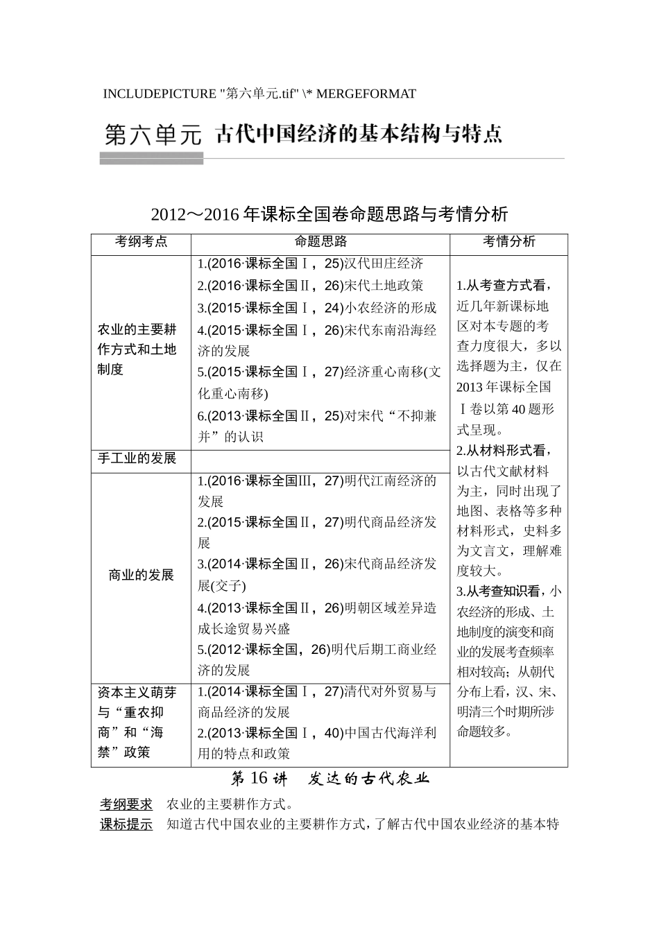 2018年高考历史（人教版）一轮复习精品讲练：第六单元 第16讲　发达的古代农业.doc_第1页