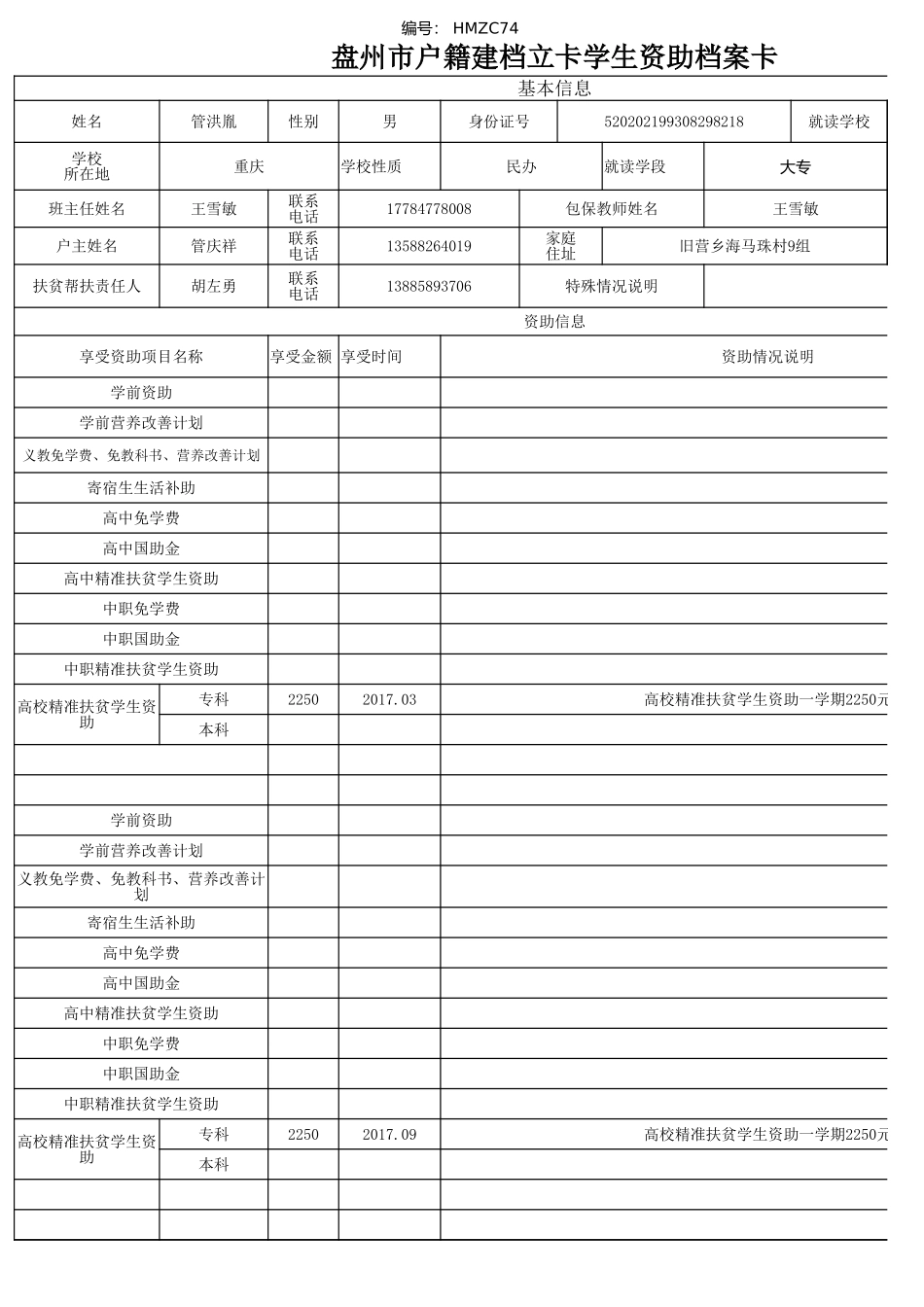 1108盘州市建档立卡资助档案卡管洪胤.xlsx_第1页