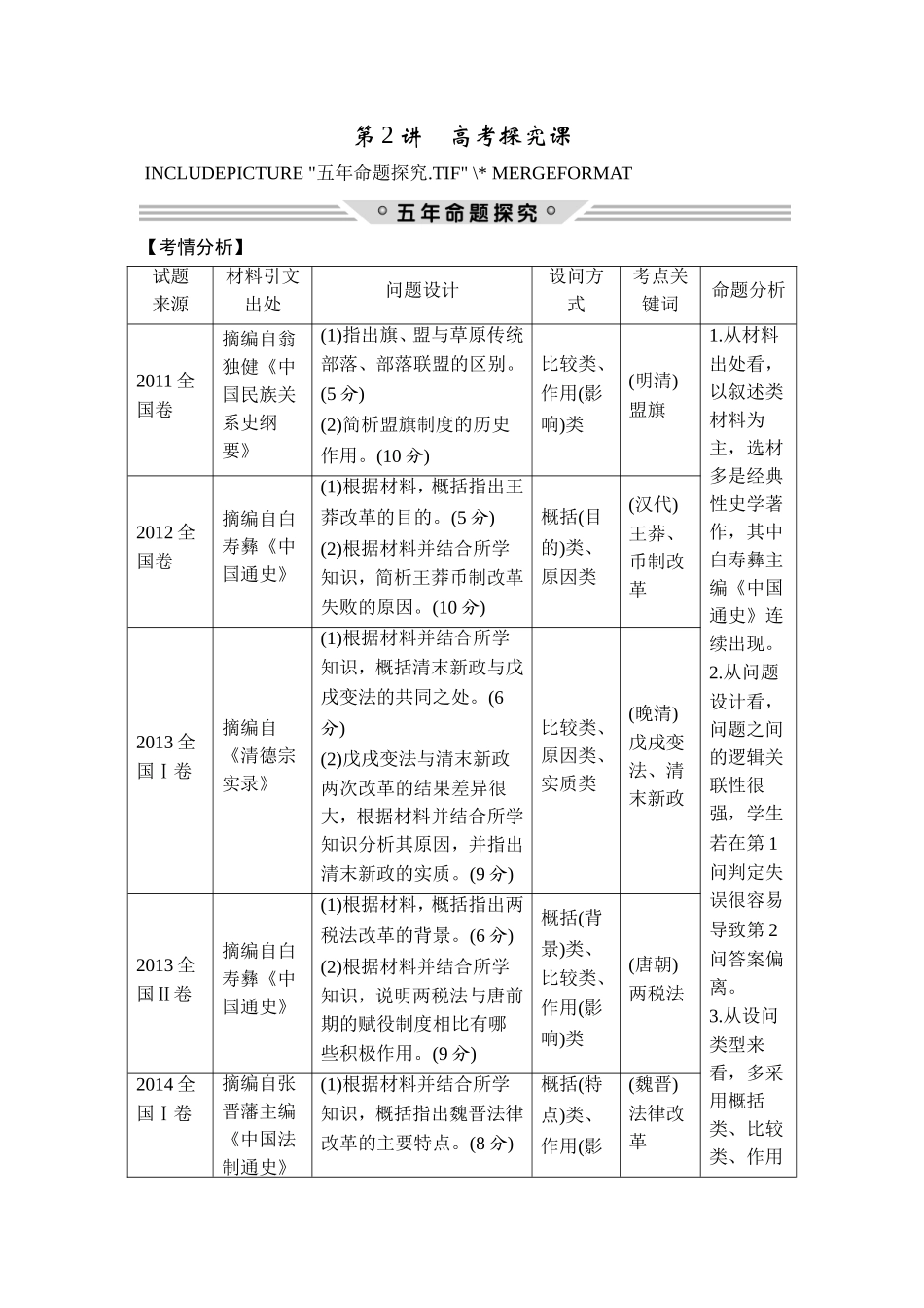 2018年高考历史（人教版）一轮复习精品讲练：选考一 历史上重大改革回眸 第2讲　高考探究课.doc_第1页