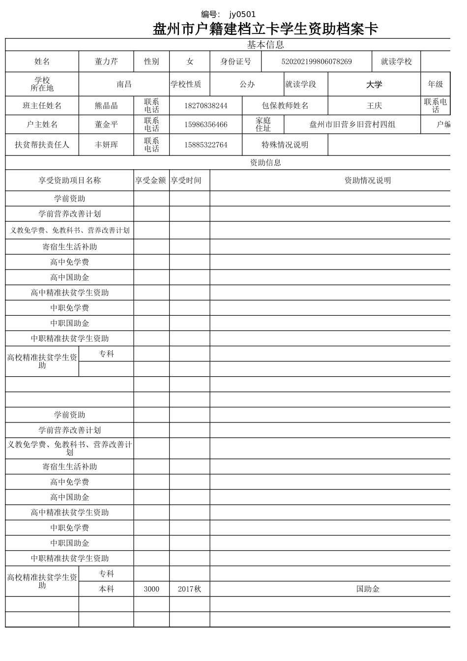 董力芹盘州市建档立卡资助档案卡.xlsx_第1页