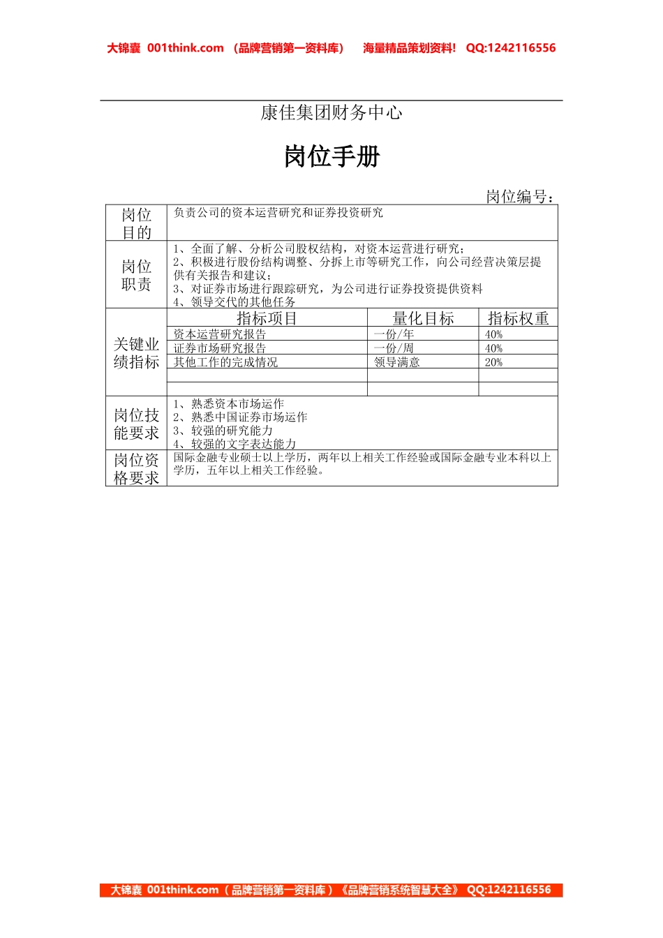 康佳集团财务中心金融证券分析员岗位手册表1.doc_第1页