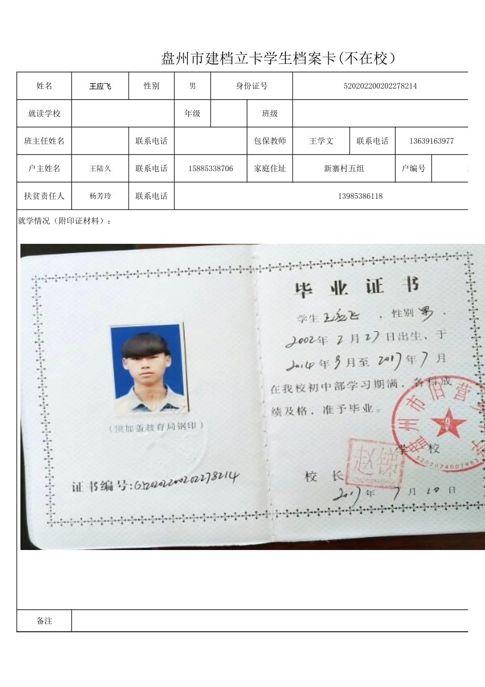 盘州市建档立卡学生档案卡（王应飞.xlsx_第1页