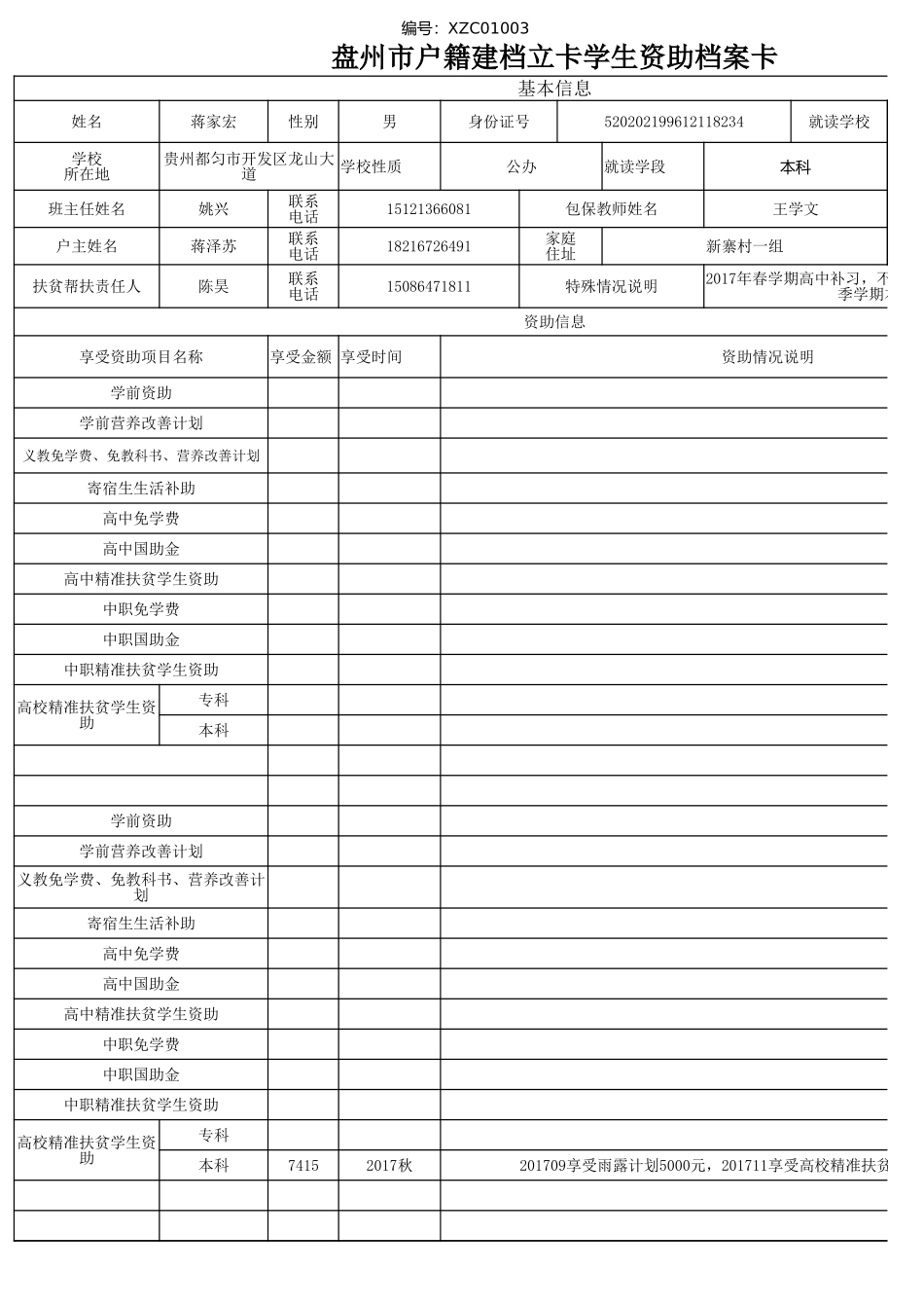 盘州市建档立卡资助档案卡(蒋家宏）.xlsx_第1页