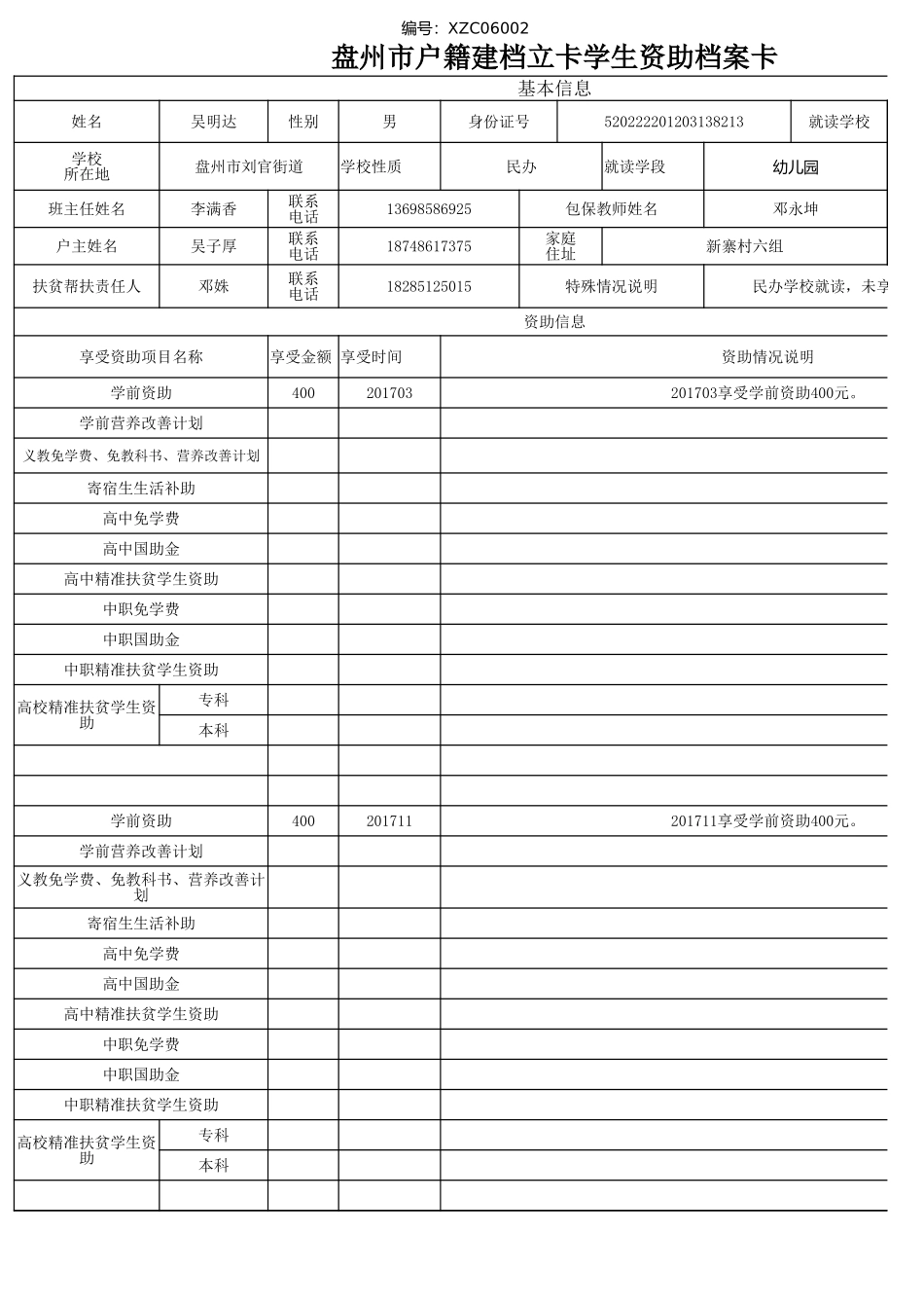 盘州市建档立卡资助档案卡（吴明达）.xlsx_第1页
