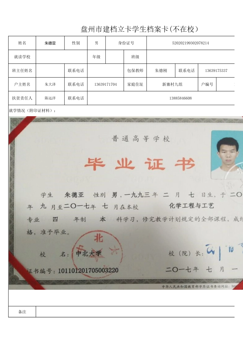 盘州市建档立卡学生档案卡（朱德亚）.xlsx_第1页