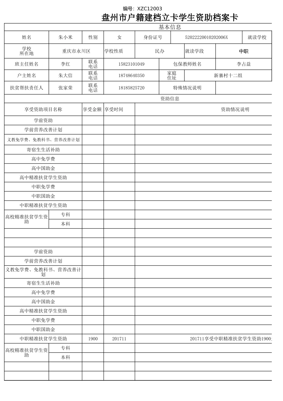 盘州市建档立卡资助档案卡(朱小米）.xlsx_第1页
