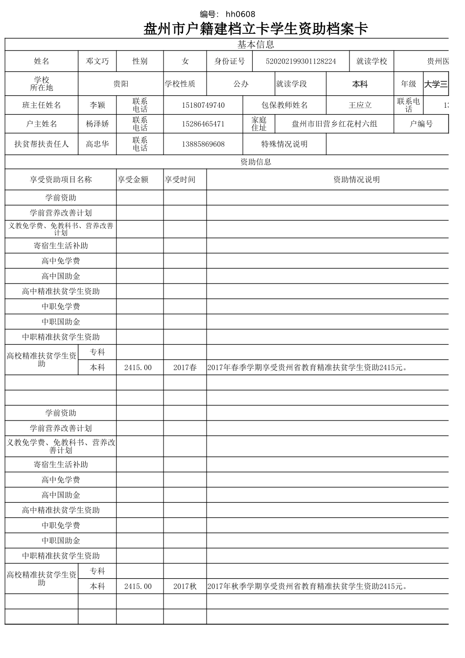 盘州市建档立卡资助档案卡(邓文巧）.xlsx_第1页