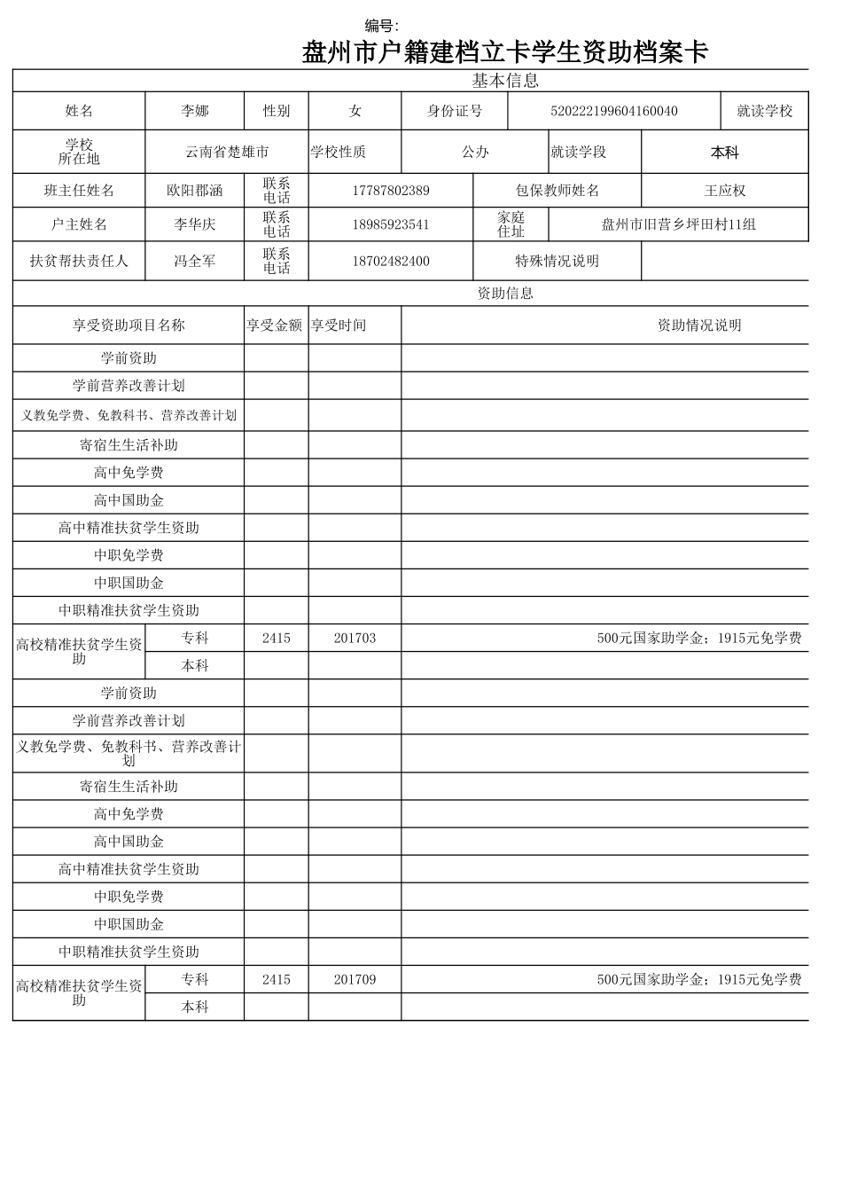 盘州市建档立卡资助档案卡李娜.xlsx_第1页