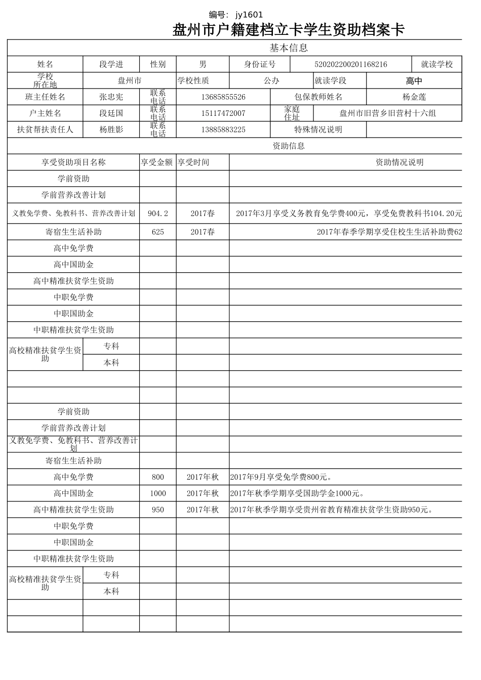 杨金莲--盘州市建档立卡资助档案卡.xlsx_第1页