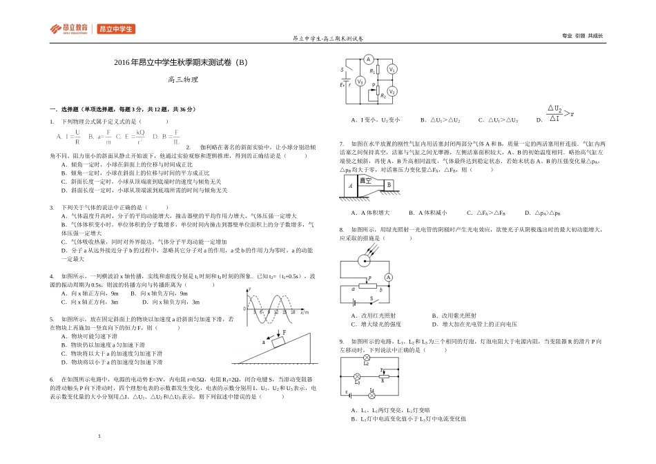 高三物理2016秋季学科期末测试卷（B卷）.docx_第1页