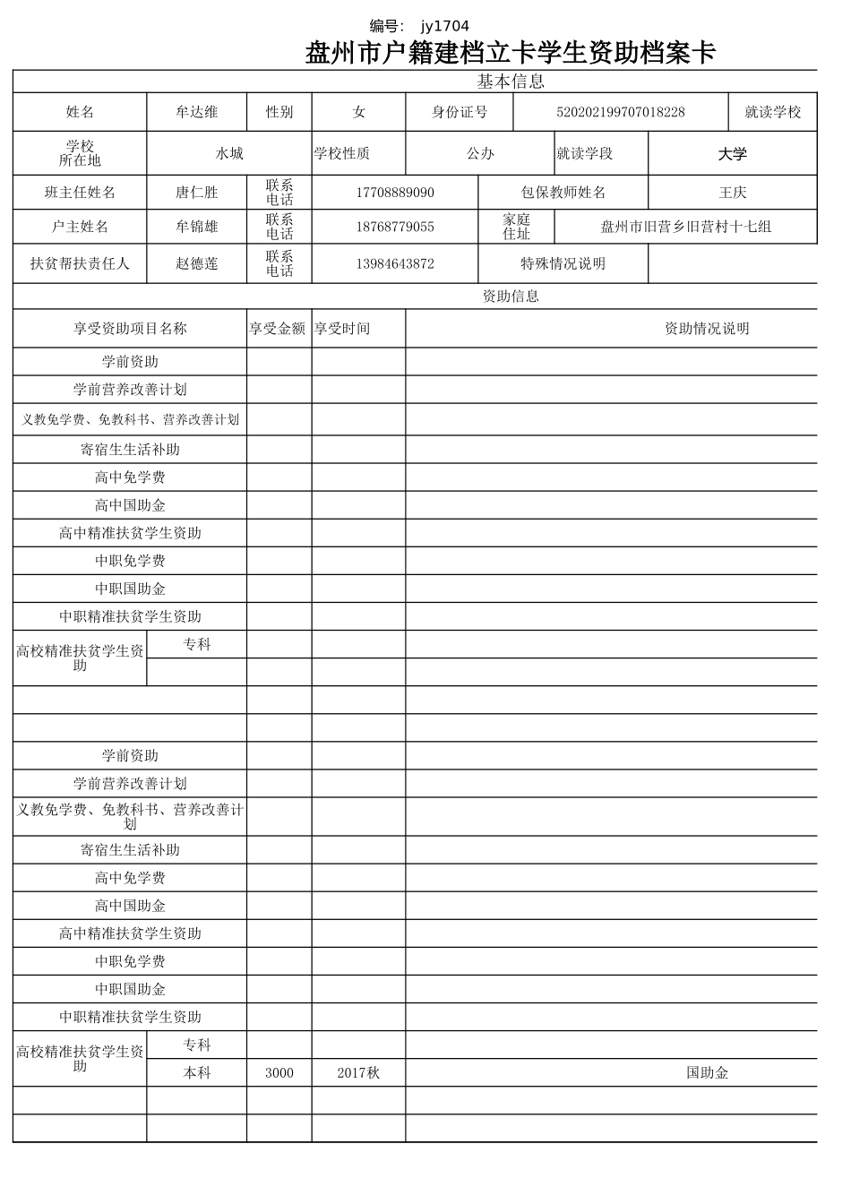 牟达维盘州市建档立卡资助档案卡.xlsx_第1页