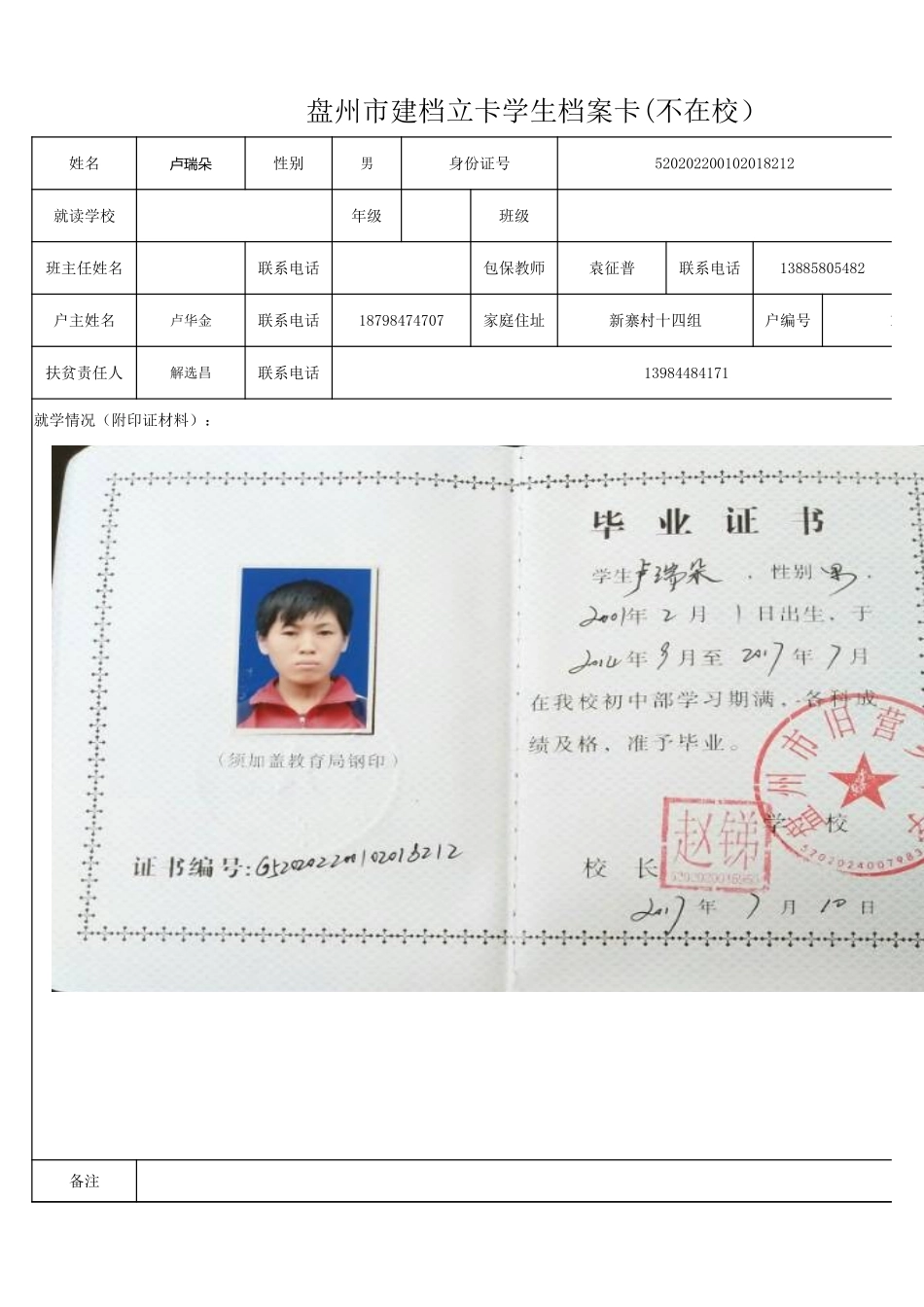 盘州市建档立卡学生档案卡（卢瑞朵）.xlsx_第1页