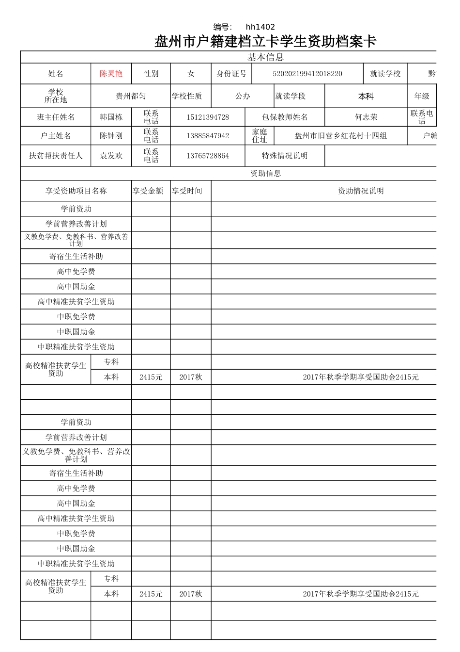 盘州市建档立卡资助档案卡(陈灵艳）.xlsx_第1页