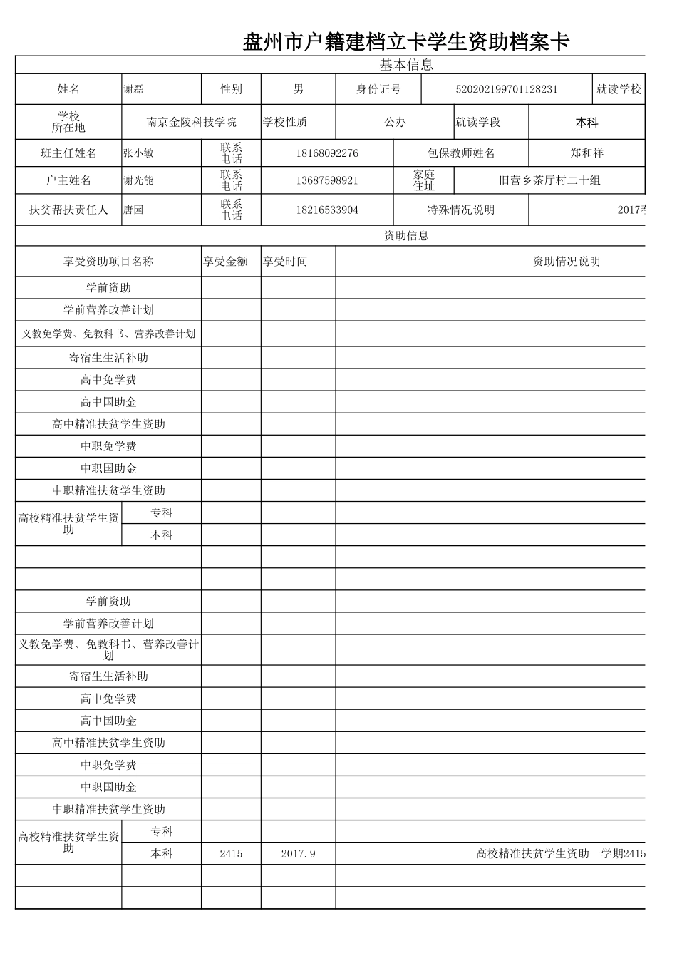 盘州市建档立卡资助档案卡谢磊.xlsx_第1页