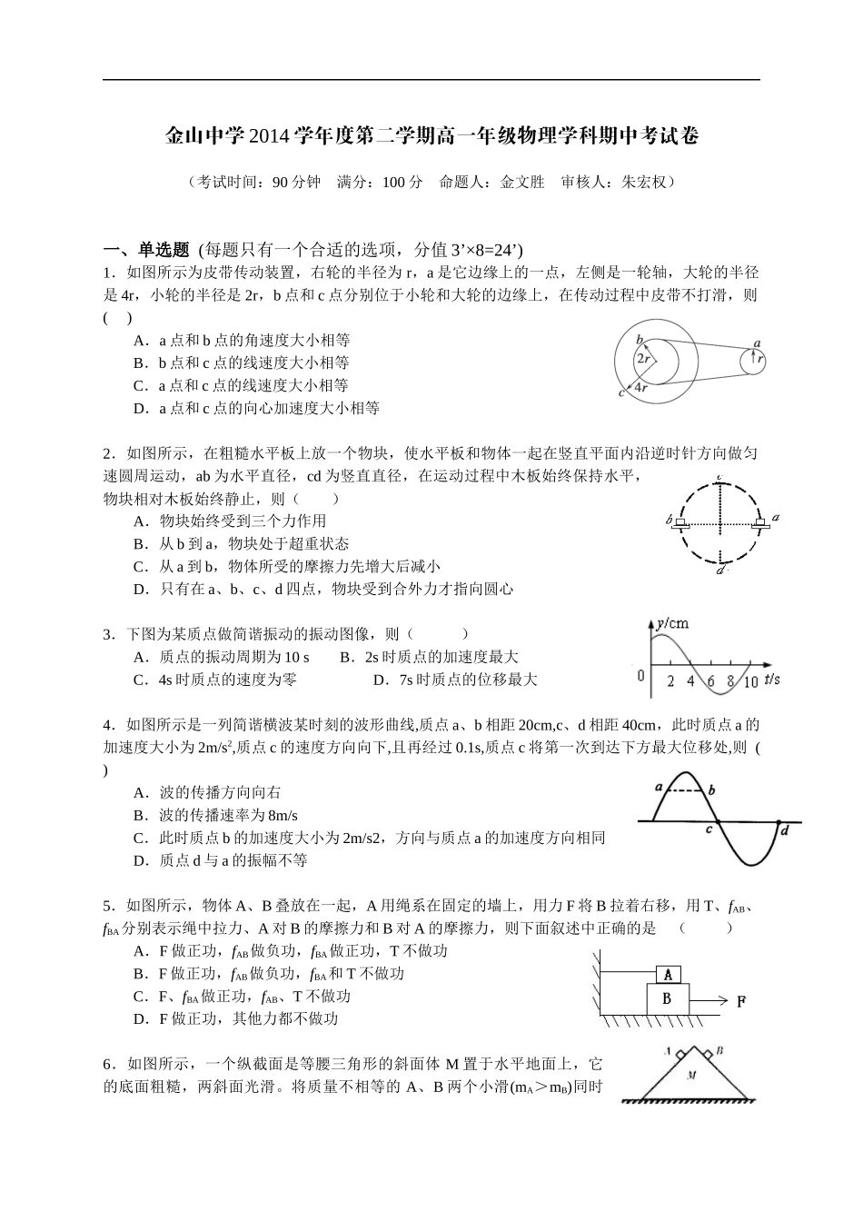 上海市金山中学2014-2015学年高一下学期期中考试物理试题.docx_第1页