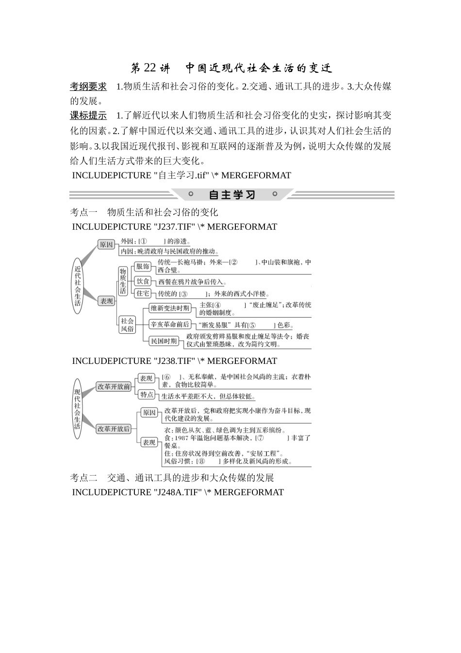 2018年高考历史（人教版）一轮复习精品讲练：第八单元 第22讲　中国近现代社会生活的变迁.doc_第1页
