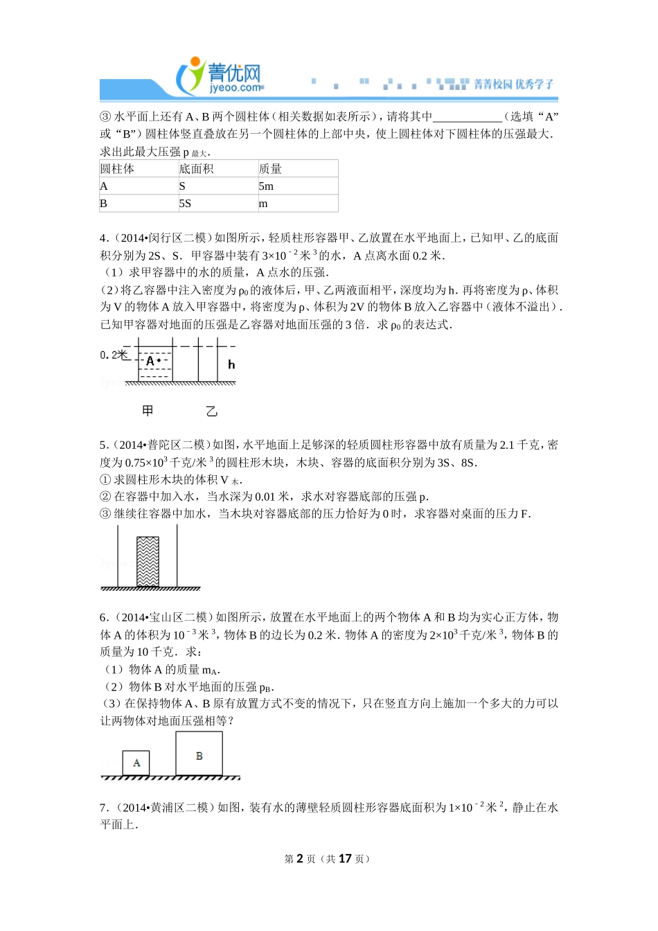 2014年二模压强计算题整理-物理（教师版）.doc_第2页