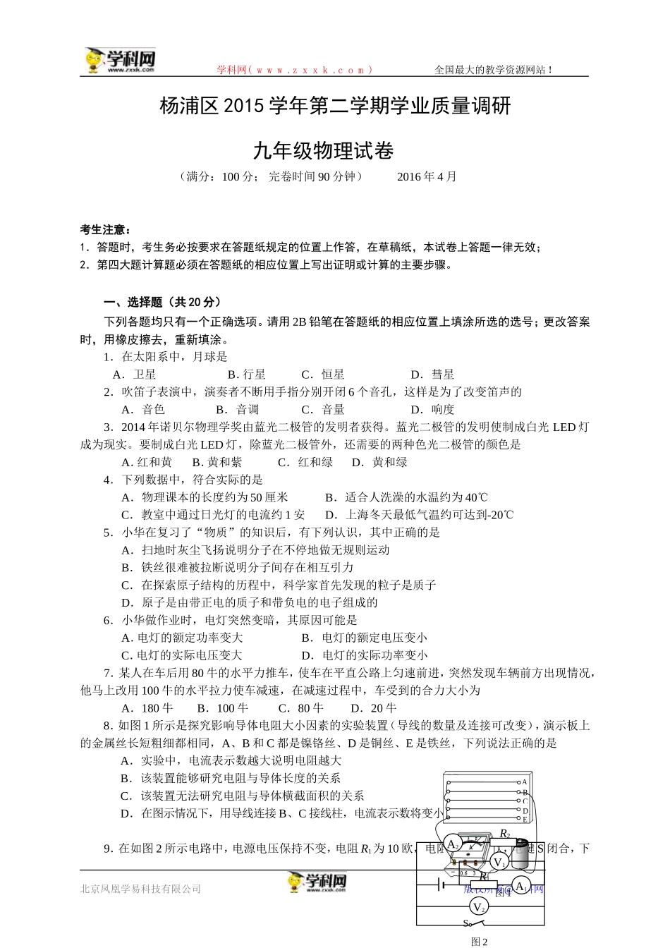 上海市杨浦区2016届九年级4月质量调研（二模）物理试题(1).doc_第1页