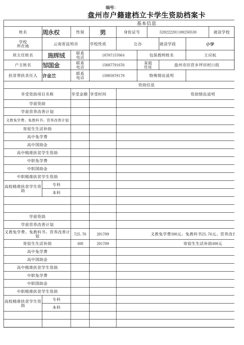 盘州市建档立卡资助档案卡周永权.xlsx_第1页