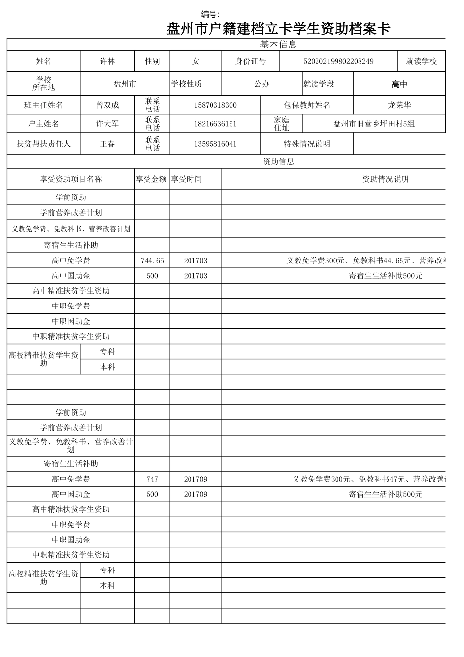 盘州市建档立卡资助档案卡许林.xlsx_第1页