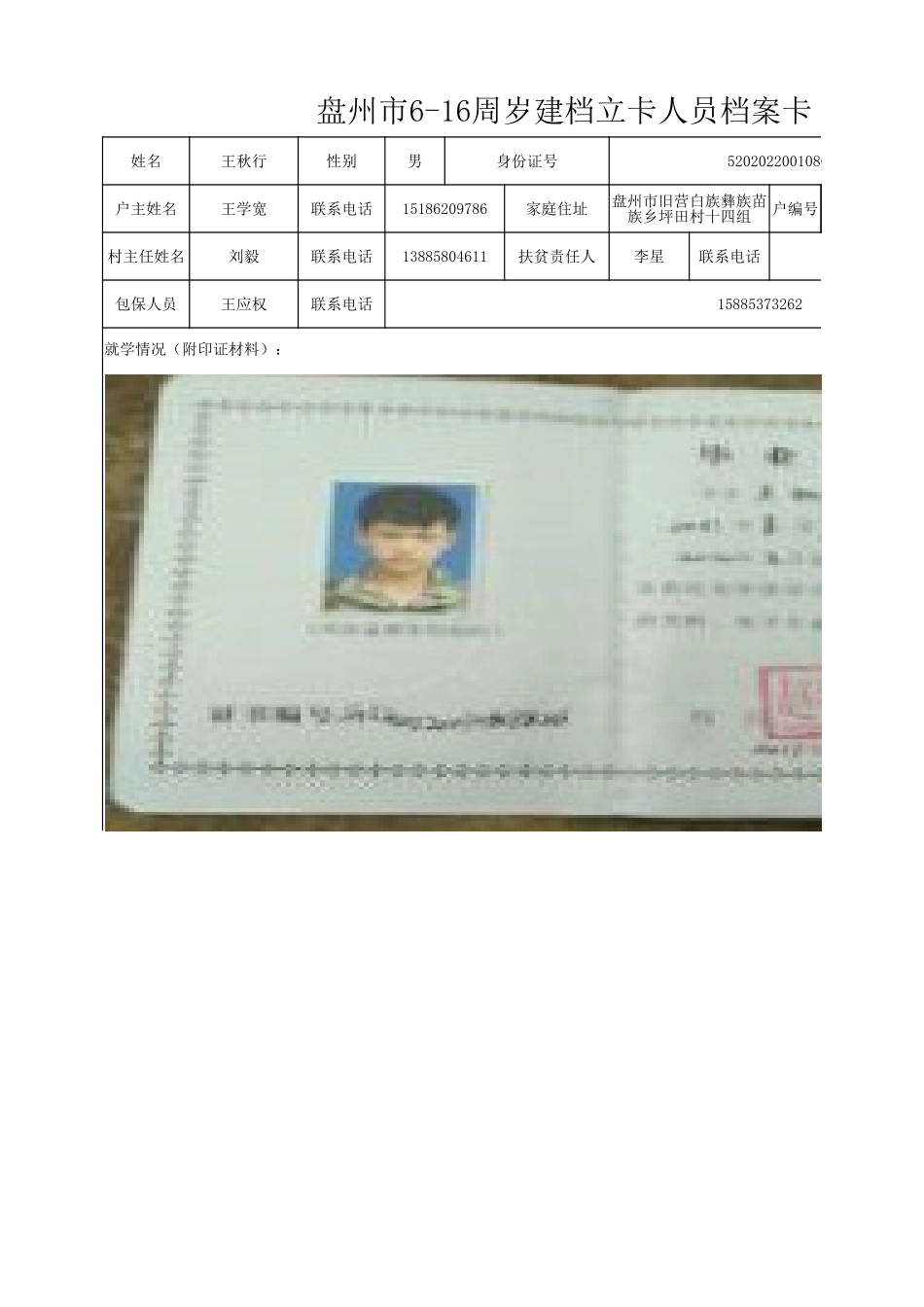 坪田小学11月7日新表 盘州市6-16周岁建档立卡人员档案卡王秋行.xlsx_第1页