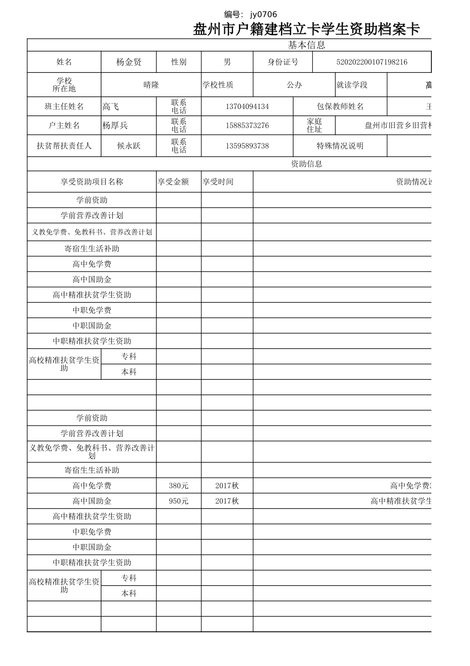 杨金贤盘州市建档立卡资助档案卡.xlsx_第1页