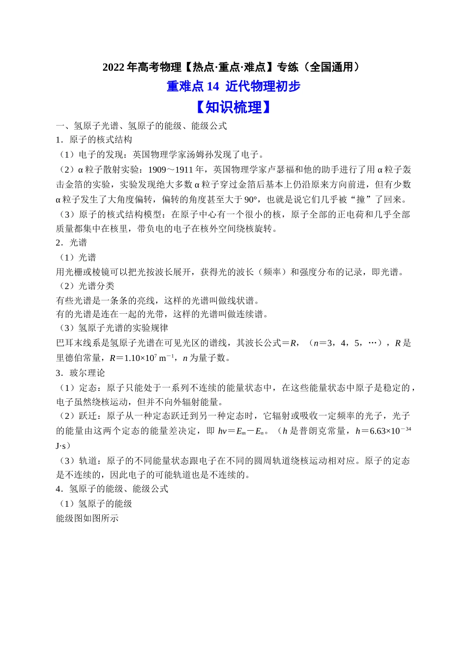 重难点14 近代物理初步 （教师版含解析）2022年高考物理【热点·重点·难点】专练（全国通用）.doc_第1页