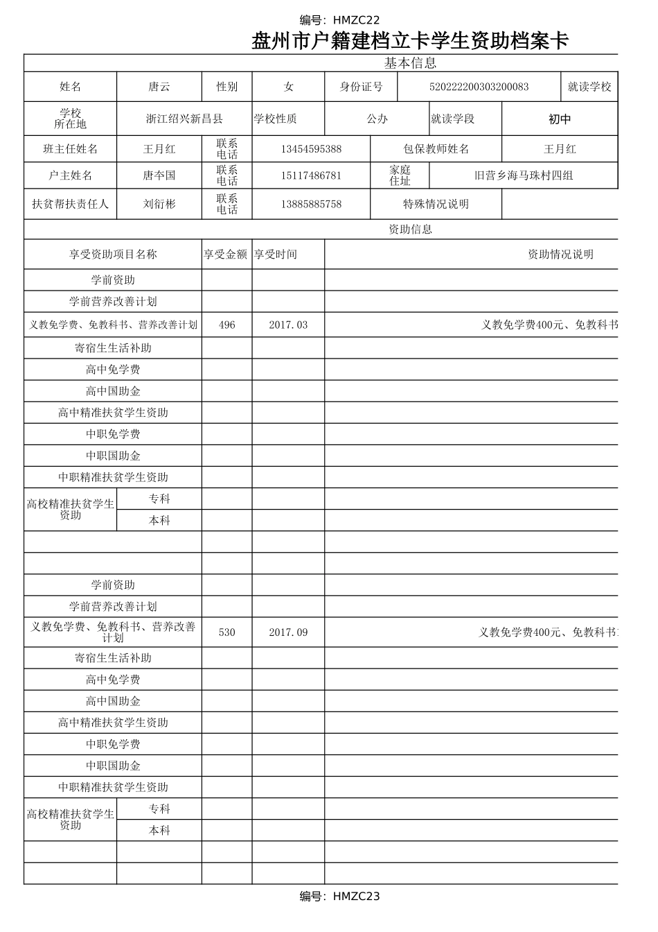 （张智珍）1108盘州市建档立卡资助档案卡.xlsx_第1页