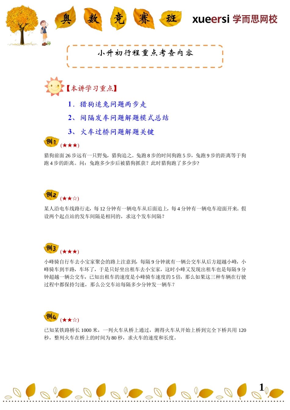 小升初行程重点考查内容————（公式类行程问题——猎狗追兔、间隔发车、火车过桥）(1).doc_第1页