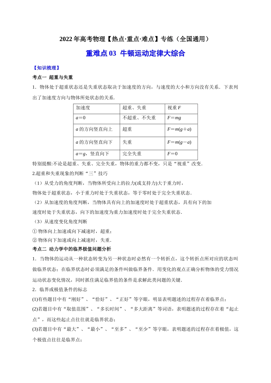 重难点03 牛顿运动定律大综合（教师版含解析）2022年高考物理【热点·重点·难点】专练（全国通用）.doc_第1页