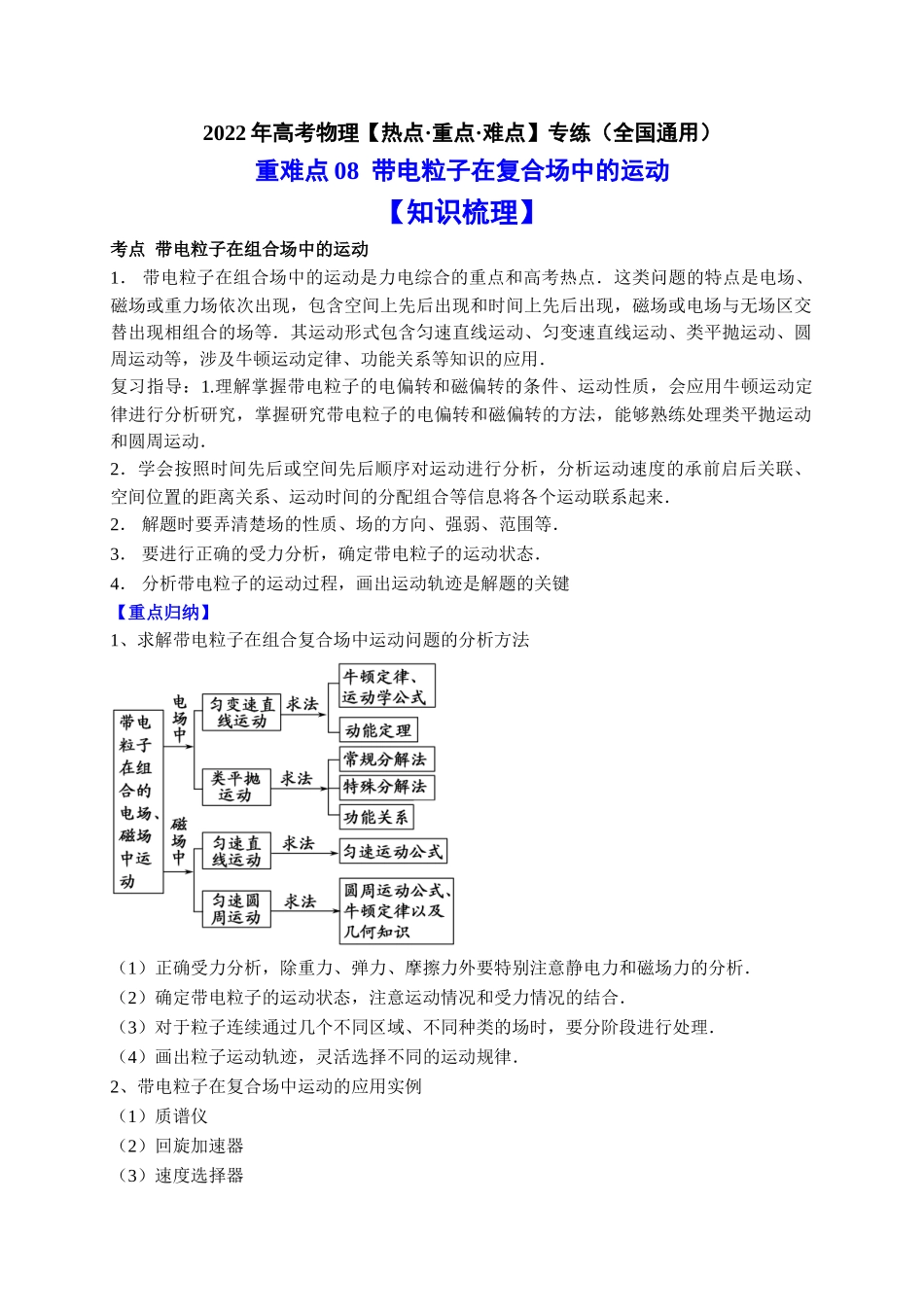 重难点08 带电粒子在复合场中的运动（教师版含解析）2022年高考物理【热点·重点·难点】专练（全国通用）.doc_第1页