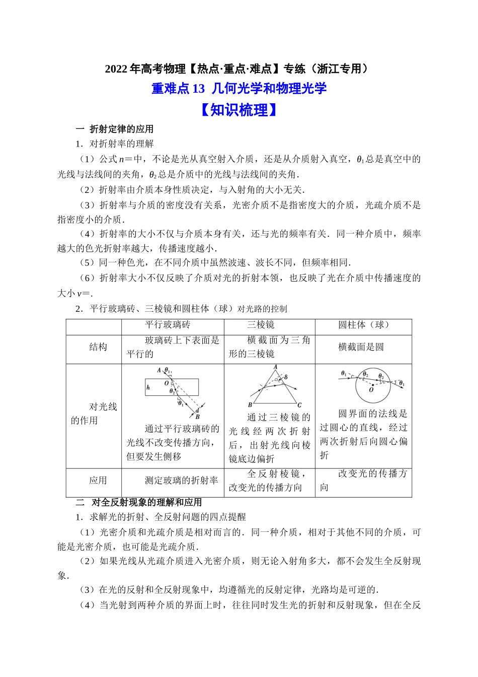 重难点13几何光学和物理光学（教师版含解析）2022年高考物理【热点·重点·难点】专练（全国通用）.doc_第1页