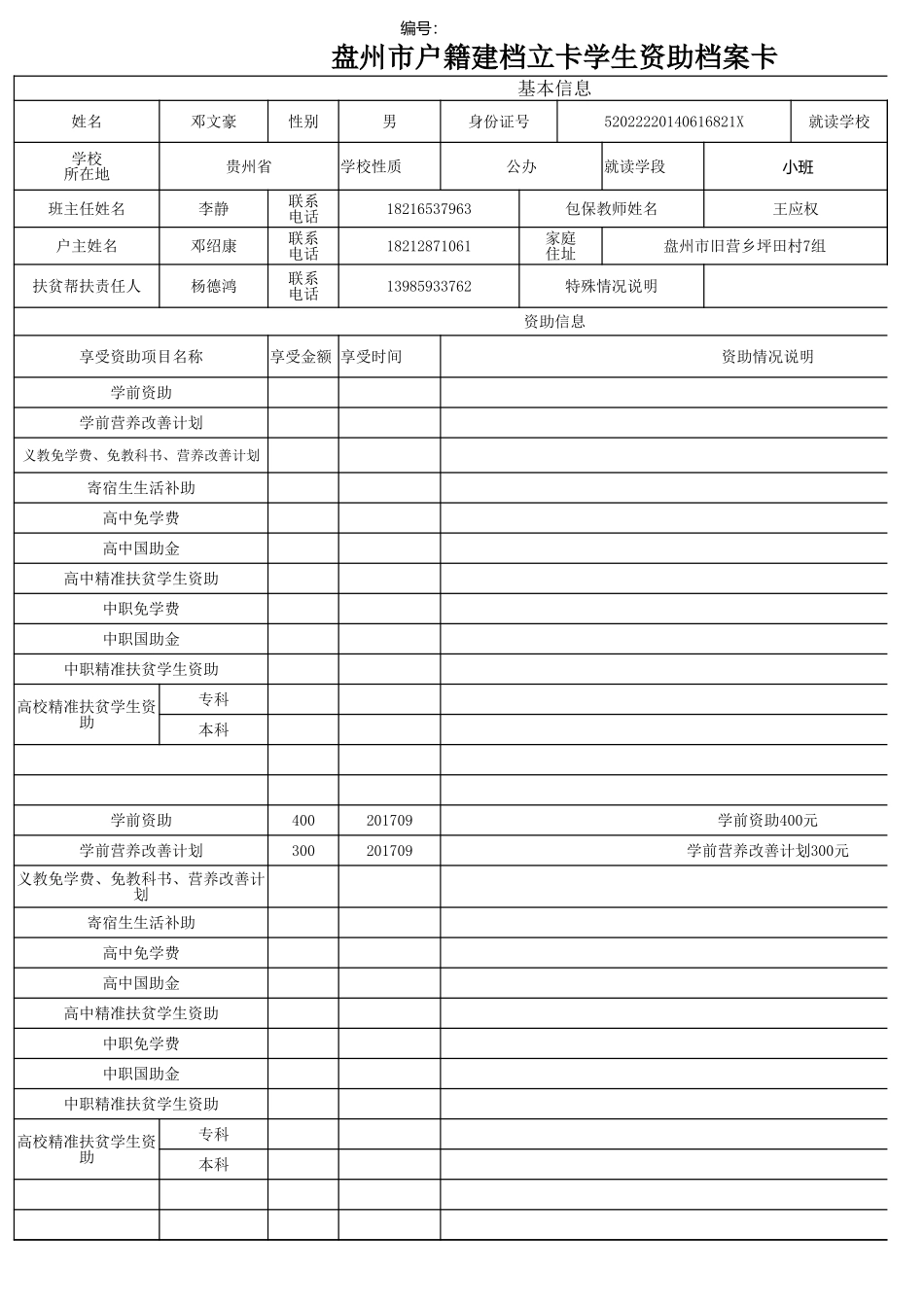 2盘州市建档立卡资助档案卡邓文豪.xlsx_第1页