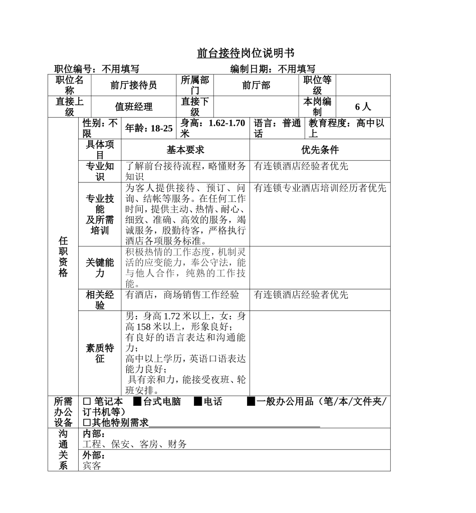 酒店前台岗位说明书.doc_第1页
