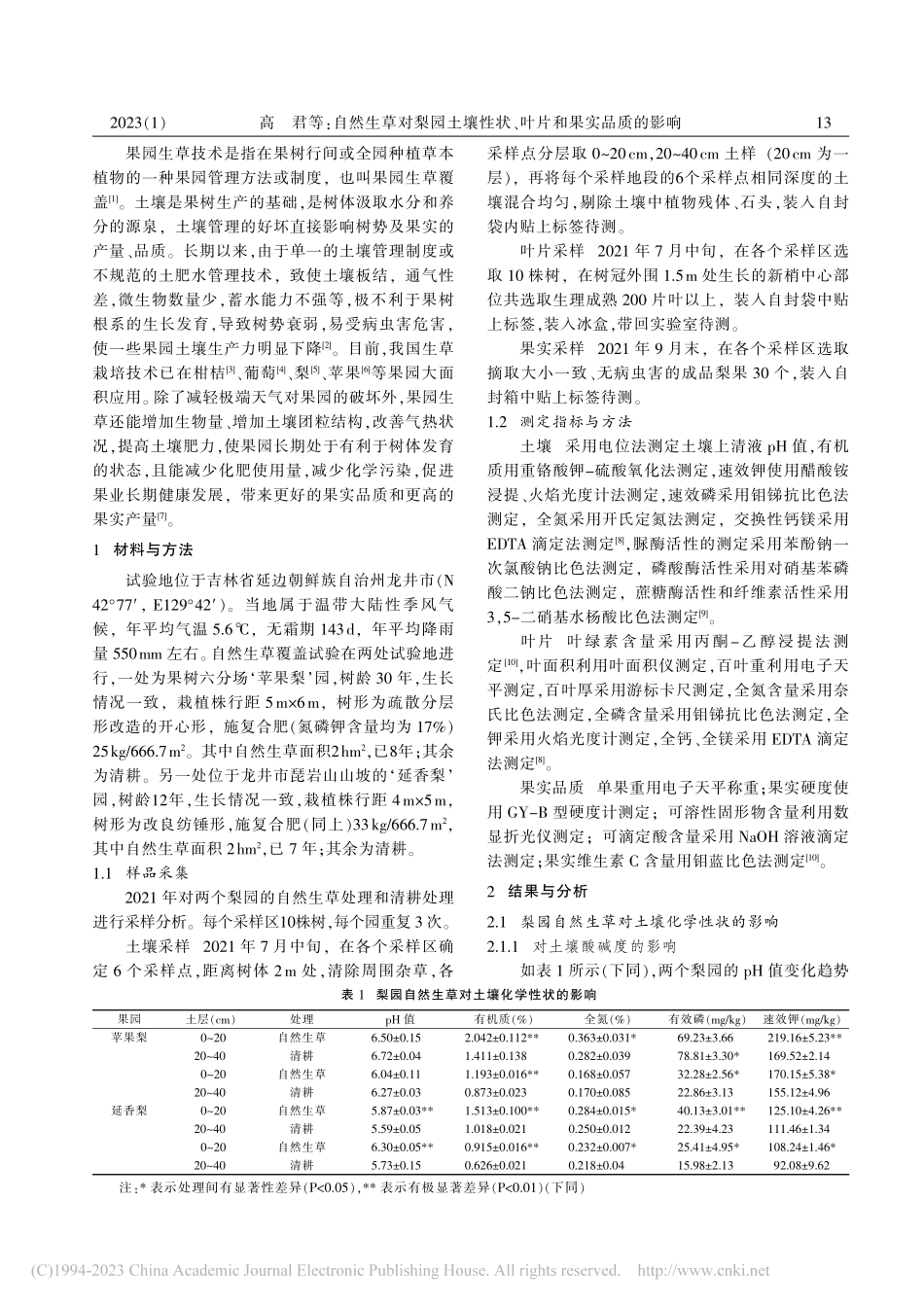 自然生草对梨园土壤性状、叶片和果实品质的影响_高君.pdf_第2页