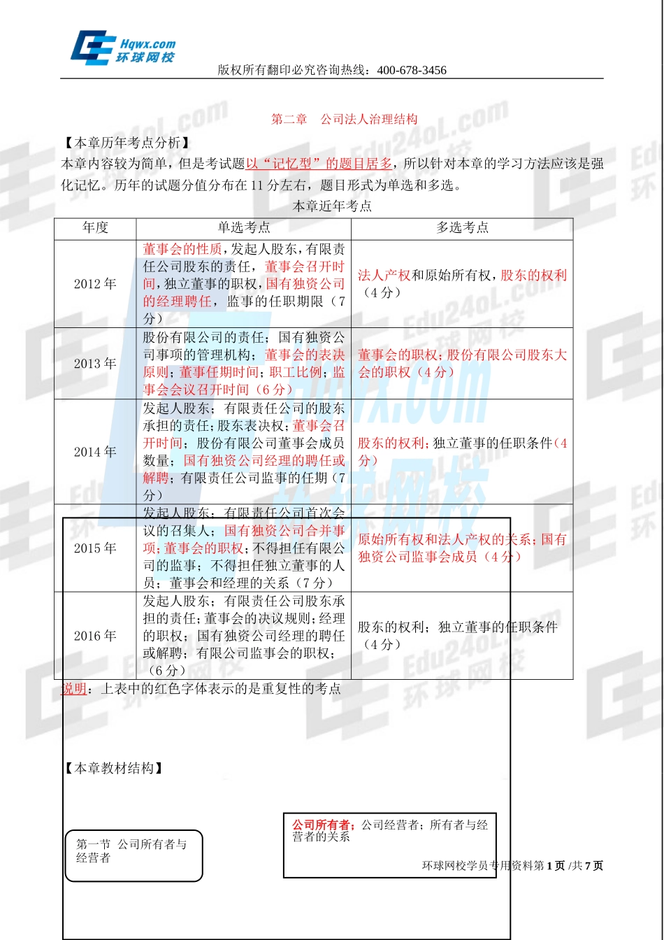 2017中级经济师-工商-精讲班【孙晶晶】-11、（2017教材变动）第二章公司法人治理结构-第一节-公司所有者与经营者.doc_第1页