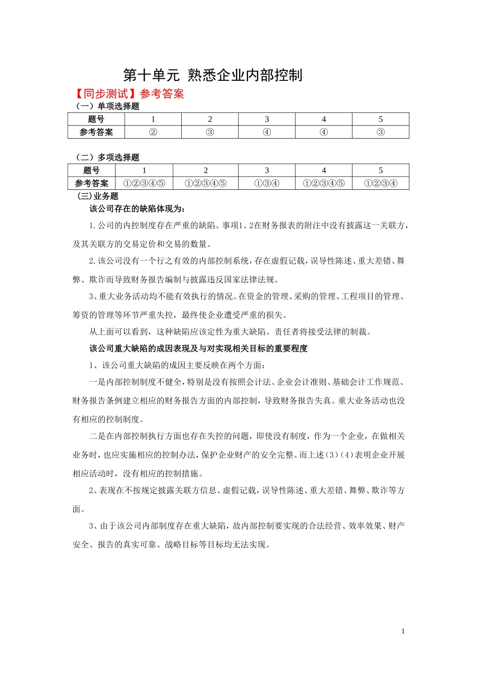 9.第九单元熟悉企业内部控制 教材题目参考答案.doc_第1页